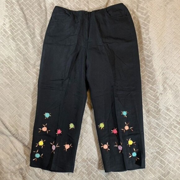 Larry Lavine Womens 10 Pants Black Linen Blend Cropped Floral Embroidered Lined - Picture 1 of 11